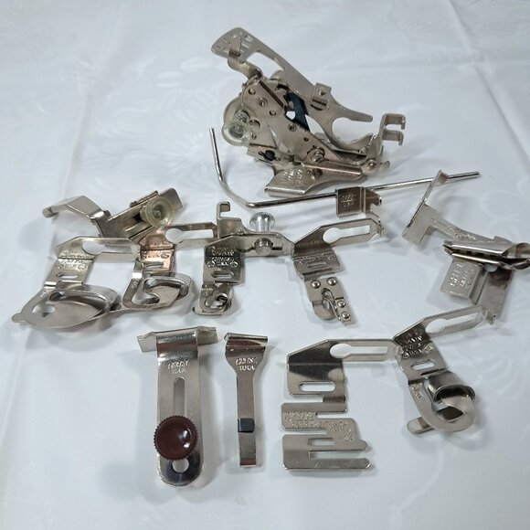 Vintage Greist set 12 sewing machine foot attachment hemmer edge guide ruffler - Picture 1 of 9